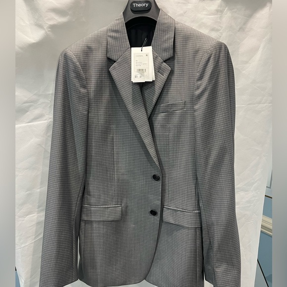 NWT Theory Chambers Blazer Tailored Gingham Dove Multi 40L Grey Suit Jacket - Picture 3 of 8